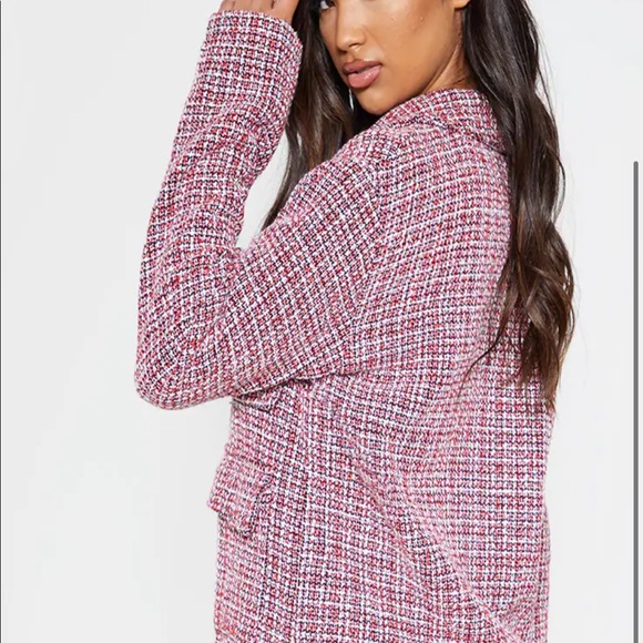 Pretty Little Thing Red Tartan Boucle Button Down Jacket and Mini Skirt Set - Picture 6 of 13